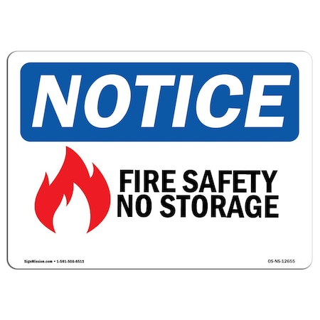 OSHA Notice Sign, Fire Safety No Storage With Symbol, 5in X 3.5in Decal, 10PK